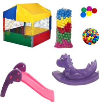 Kit Diversão Baby: Piscina 1x1 + Escorregador + Gangorra Dino + 300 Bolinhas