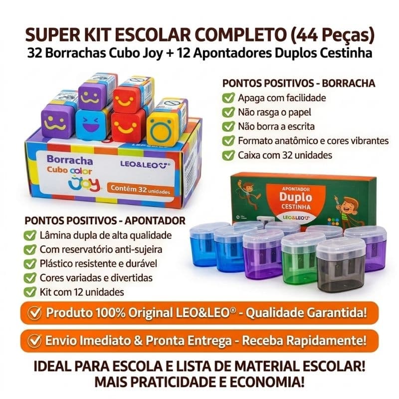 Kit Escolar Completo Leo&Leo 44 ítens  32 Borracha decorada Cubo Color + 12 Apontador Duplo Cestinha