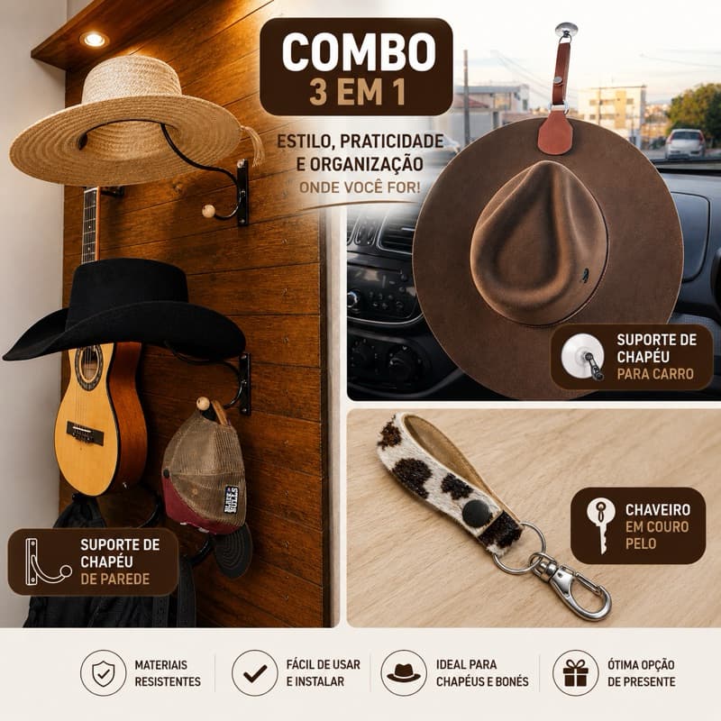 kit 3 Pç  - Suporte de Chapéu de Parede - Suporte de Chapéu Veicular Magnético em Couro Legítimo - Chaveiro Couro Pelos