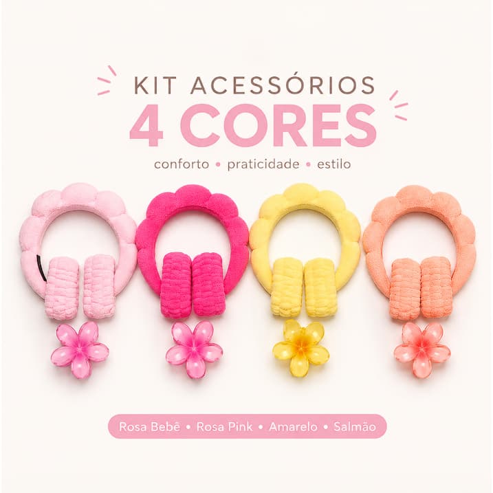 KIT 4 PCS Acessórios de Skincare Spa Feminino + BRINDE - Tiara Nuvem, Faixa de Pulso, Presilha de Flor + BRINDE