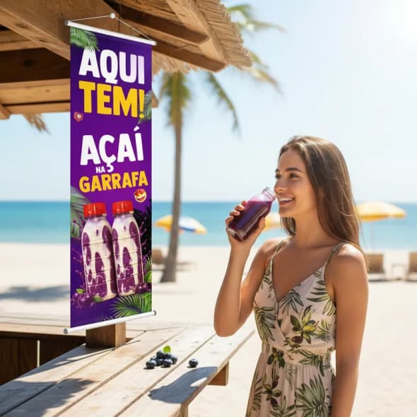 Banner Lona Premium Marketing visual Aqui Tem Açai Batido Garrafa Sorveteria Açaiteria 100x30