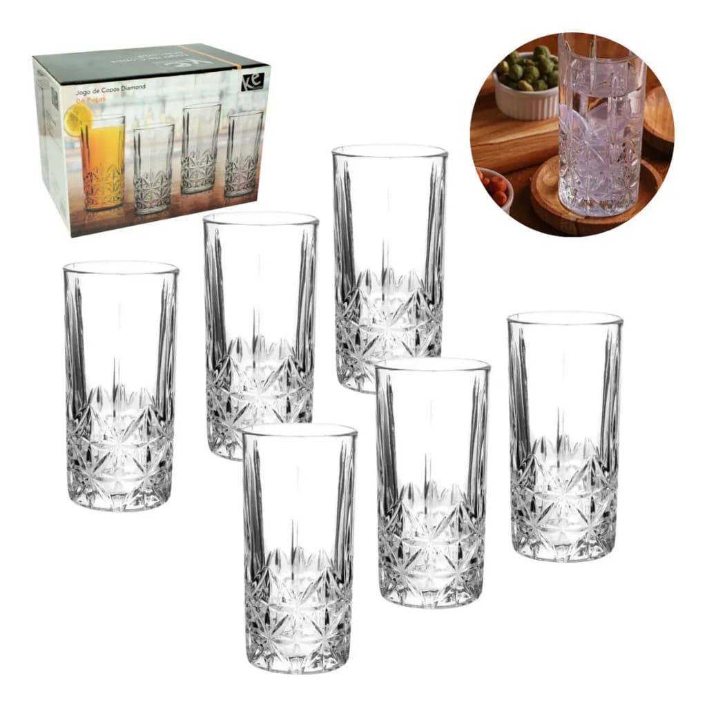Jogo de Copo Casa Ambiente Vidro 6 Peças 360ml Requinte Transparente