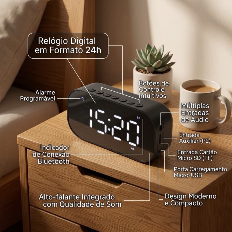 Rádio Relógio de Luxo Bluetooth com Despertador Display LED e Som Premium, Micro SD e AUX