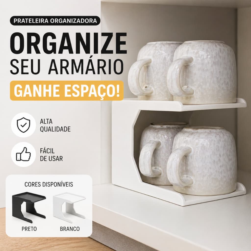 Prateleira Organizadora para Canecas | Suporte Compacto Duplo para Armário | Organizador de Cozinha Preto ou Branco