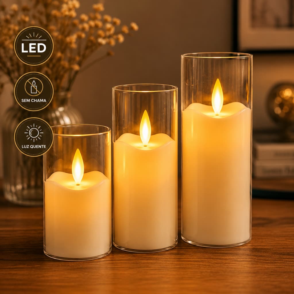 Kit 3 Velas LED Sem Chama Decorativas Luz Quente C/ Baterias
