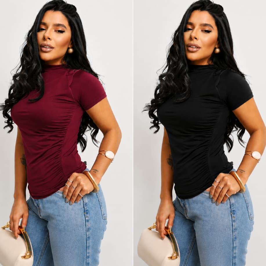 KIT 2 Blusa Feminina Manga Curta Gola Alta Drapeada Estilosa, Básica Suplex Conforto Tendência.