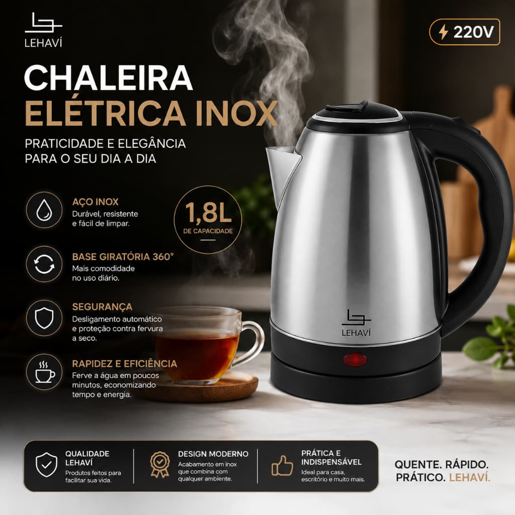 Chaleira Elétrica 1,8L de 220V em Inox com Base Giratória