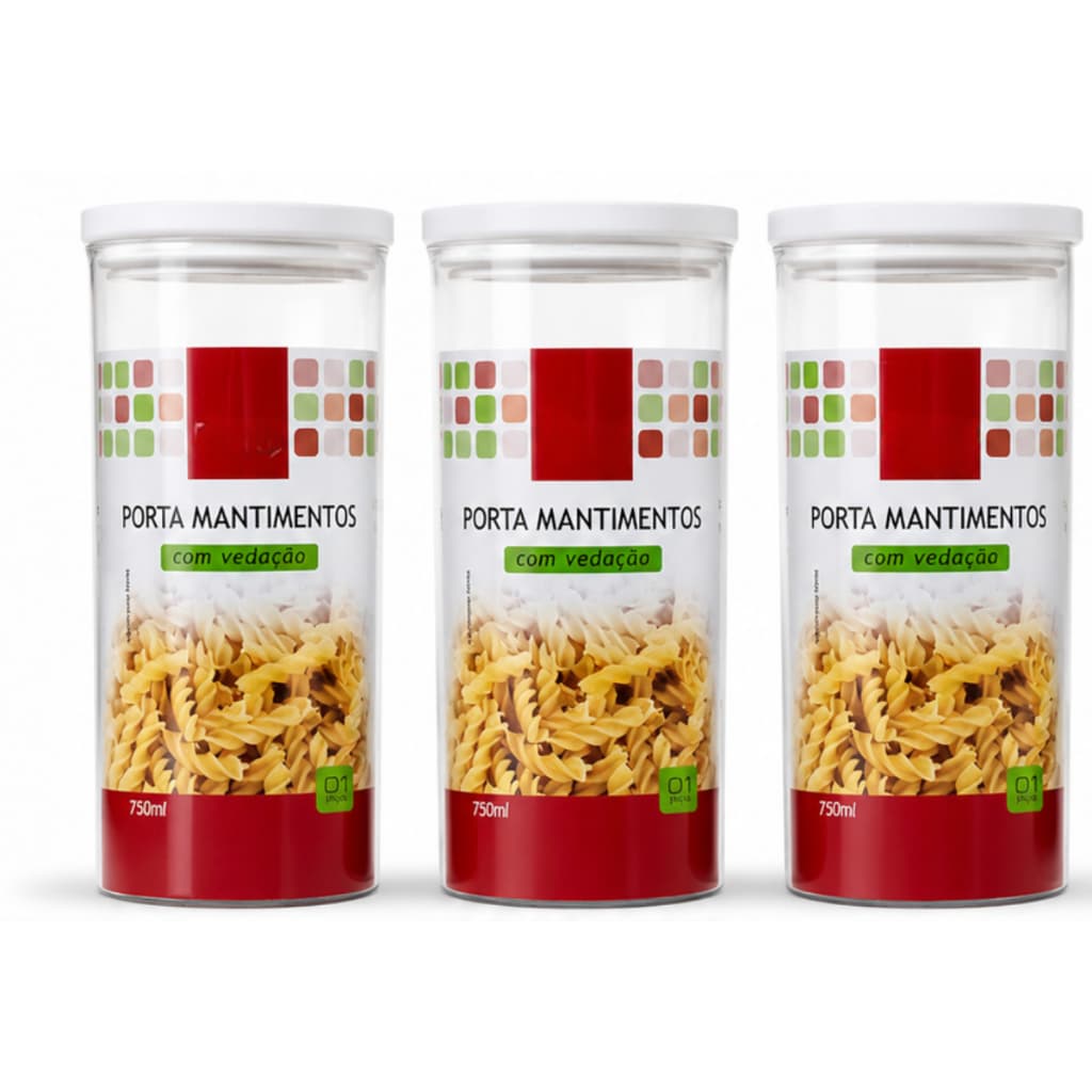 Kit 3 Potes Acrílicos Herméticos 750ml Porta Mantimentos com vedação silicone  Cozinha transparente para alimento grãos