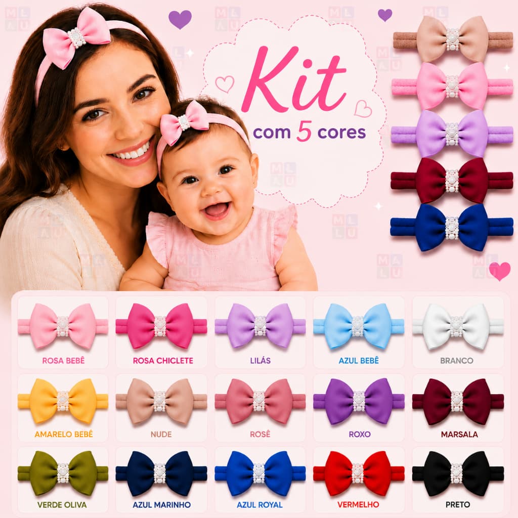 Tiara com Laço para bebê Meninas Gorgurão com Aplique de Pérola Kit 5 Faixinhas enxoval Acessorios para Cabelo