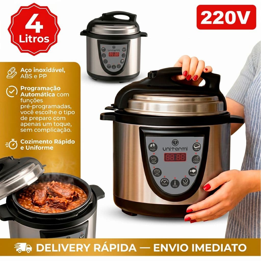 Panela pressão Elétrica Digital 220V inox 4L Unitermi 800W Antiaderente timer e programação desligar
