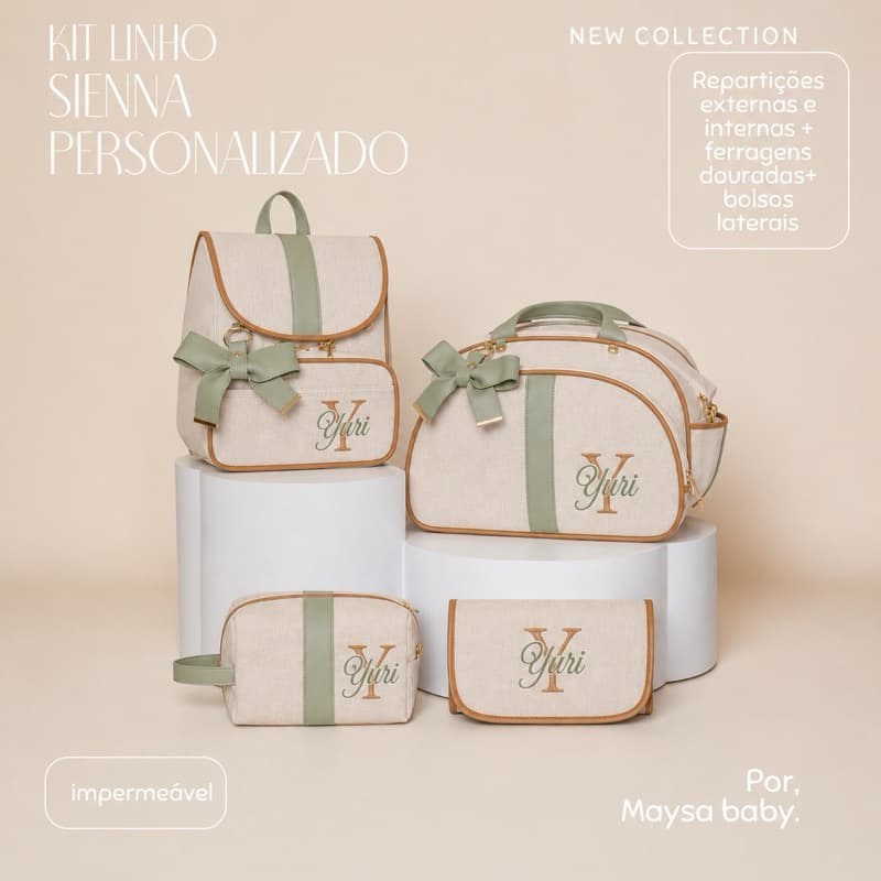 Bolsas maternidade 4 peças em linho, com necessaire e trocador, coleção Siena.