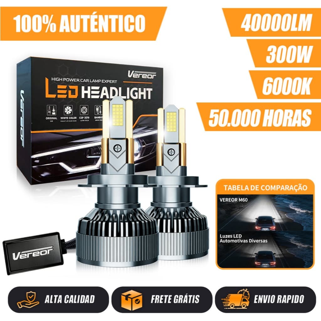 Lâmpada Farol LED M60 H1 H3 H4 H7 H11 9005 9006 6000K 300W 40000LM Cobre Puro Alta Luminosidade Resfriamento Eficiente