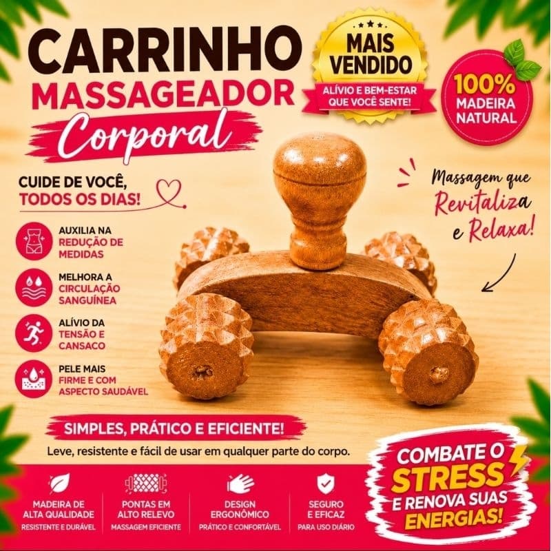 Rolo Massageador Corporal Carrinho com Alça Relaxante Antiestresse, Muscular, Cuidados Terapêutico, Manual, Madeira