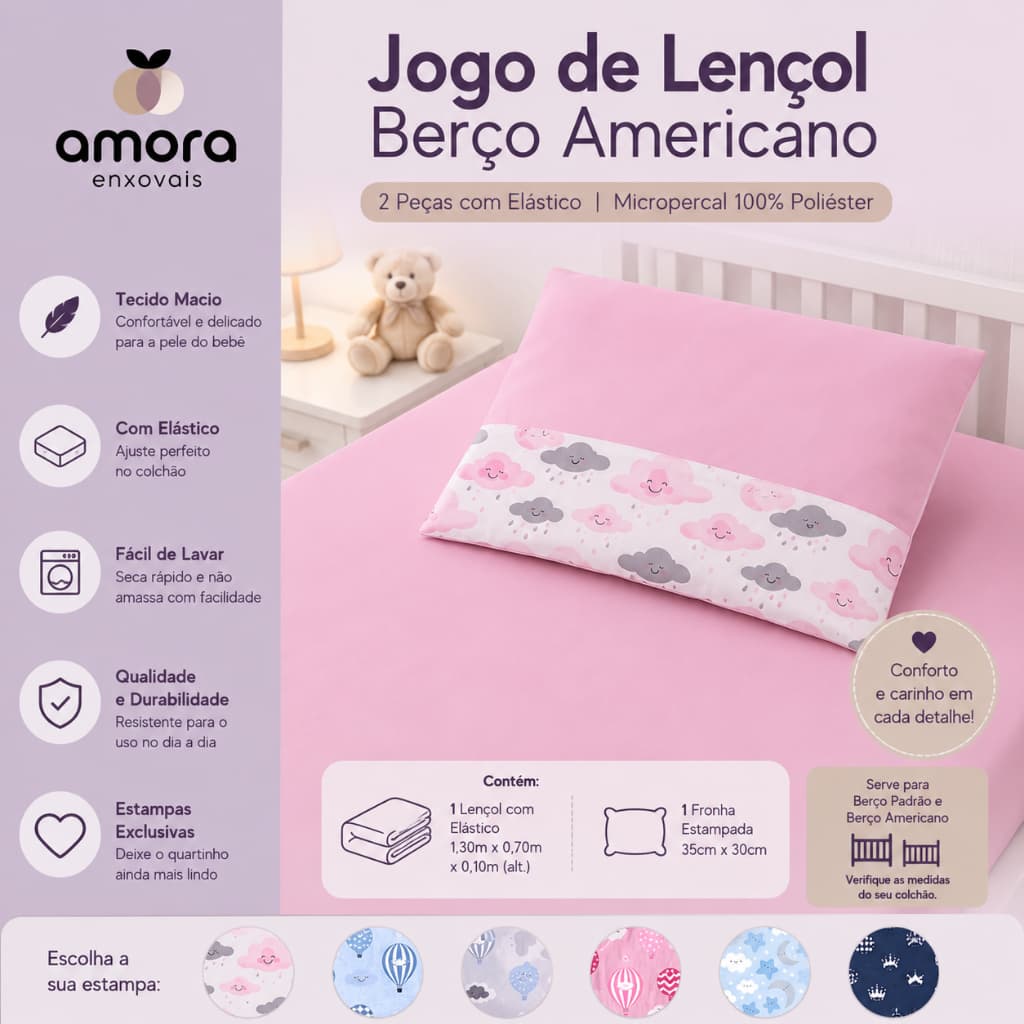 Jogo Lençol Berço Americano 2 Peças com Elástico Micropercal 100% Algodão