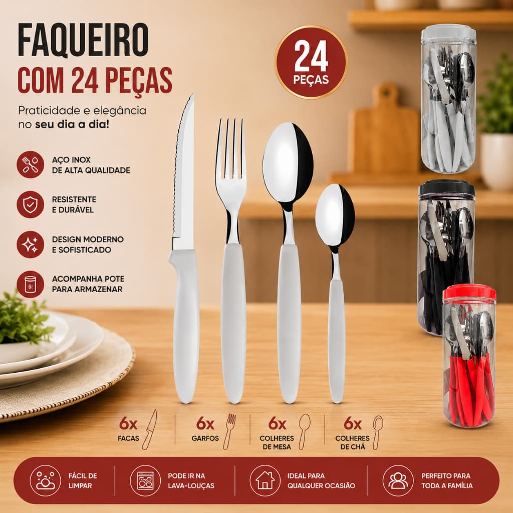 Conjunto de Talheres Faqueiro em Pote com 24 Pçs em Aço Inoxidavel