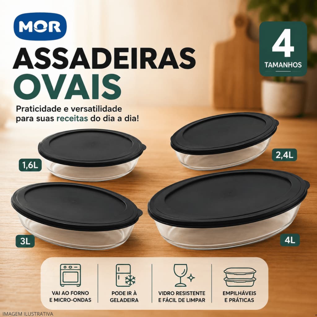 Assadeira Oval de Vidro Mor com Tampa — Refratário Lasanheira Travessa Forno e Mesa 1,6L/2,4L/3L/4L