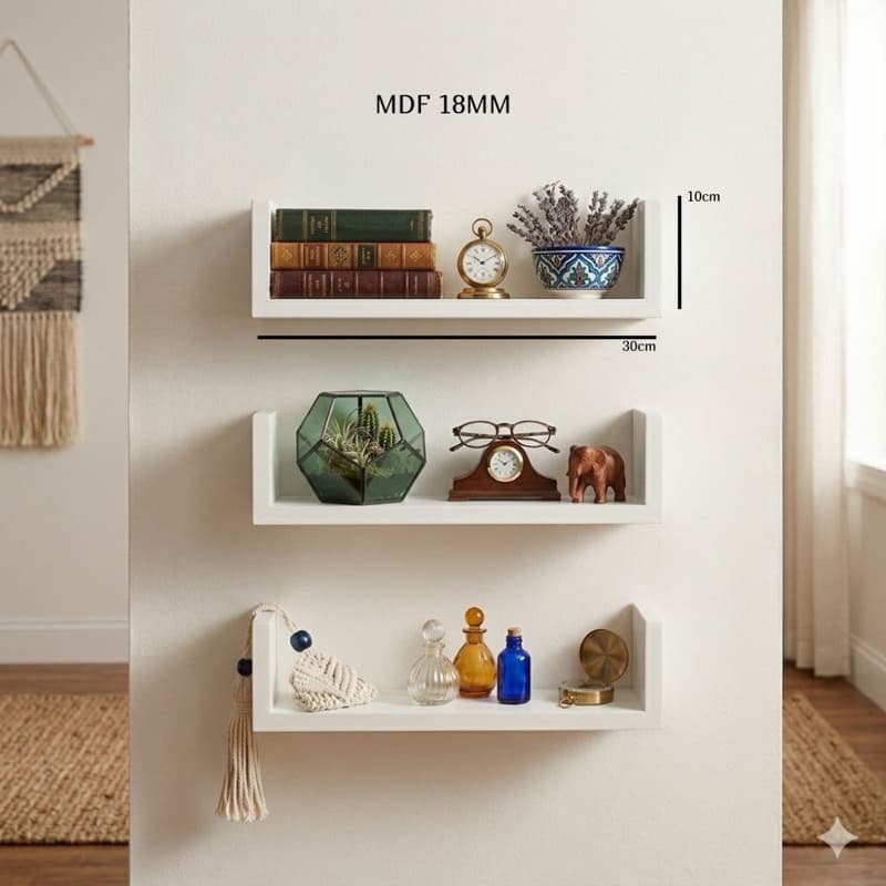 Conjunto de 3 Prateleiras em U MDF 18mm Branco - Nicho 30x10cm para Decoração