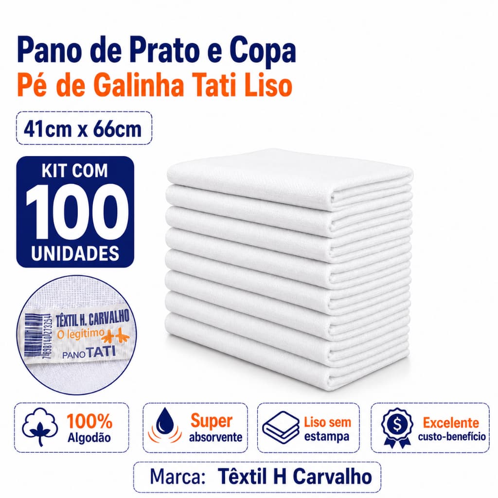 100 Panos de Prato e Copa Pé de Galinha Tati Branco Liso sem Estampa 41cm x 66cm 100% Algodão
