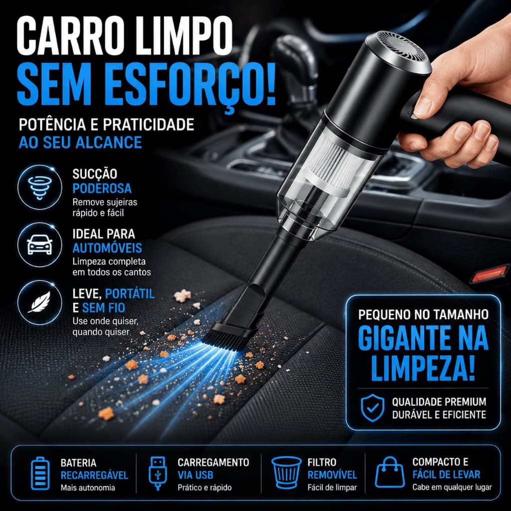 Mini Aspirador Automotivo Portátil Recarregável Alta Potência e Multifuncional para Limpeza Completa