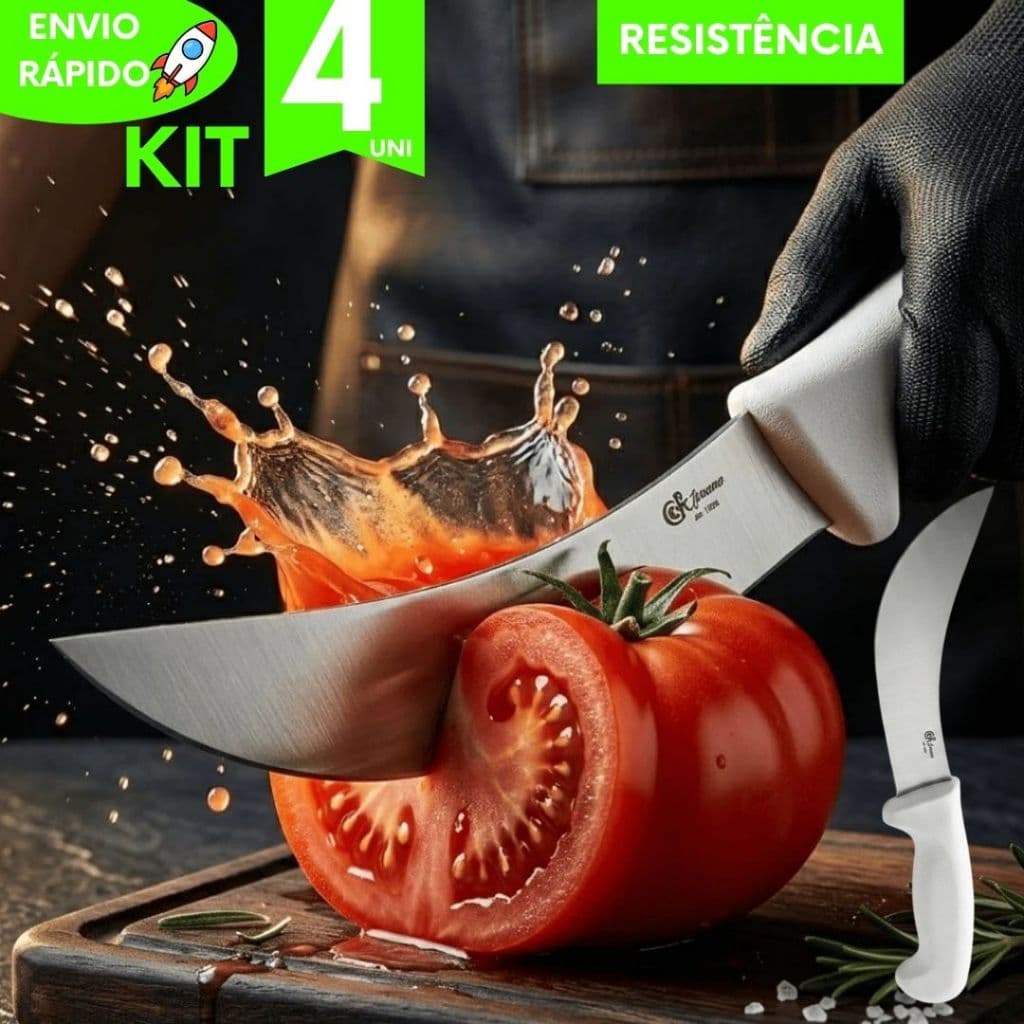 Kit Faca Tira Couro Utensílios de Cozinha Linha Premium Cabo Anatômico Desossar Camping Churrasco Pesca Limpa Coro