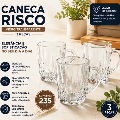 Jogo 3 Canecas de Vidro Risco Transparente Elegante para Café Chá 235ml