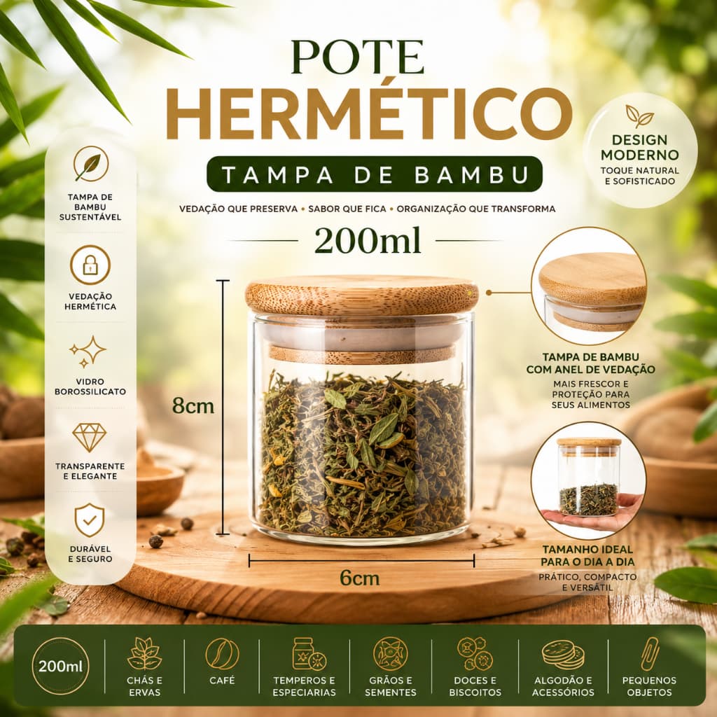 Pote Hermético 200ml Temperos Mantimentos Vidro Tampa De Bambu