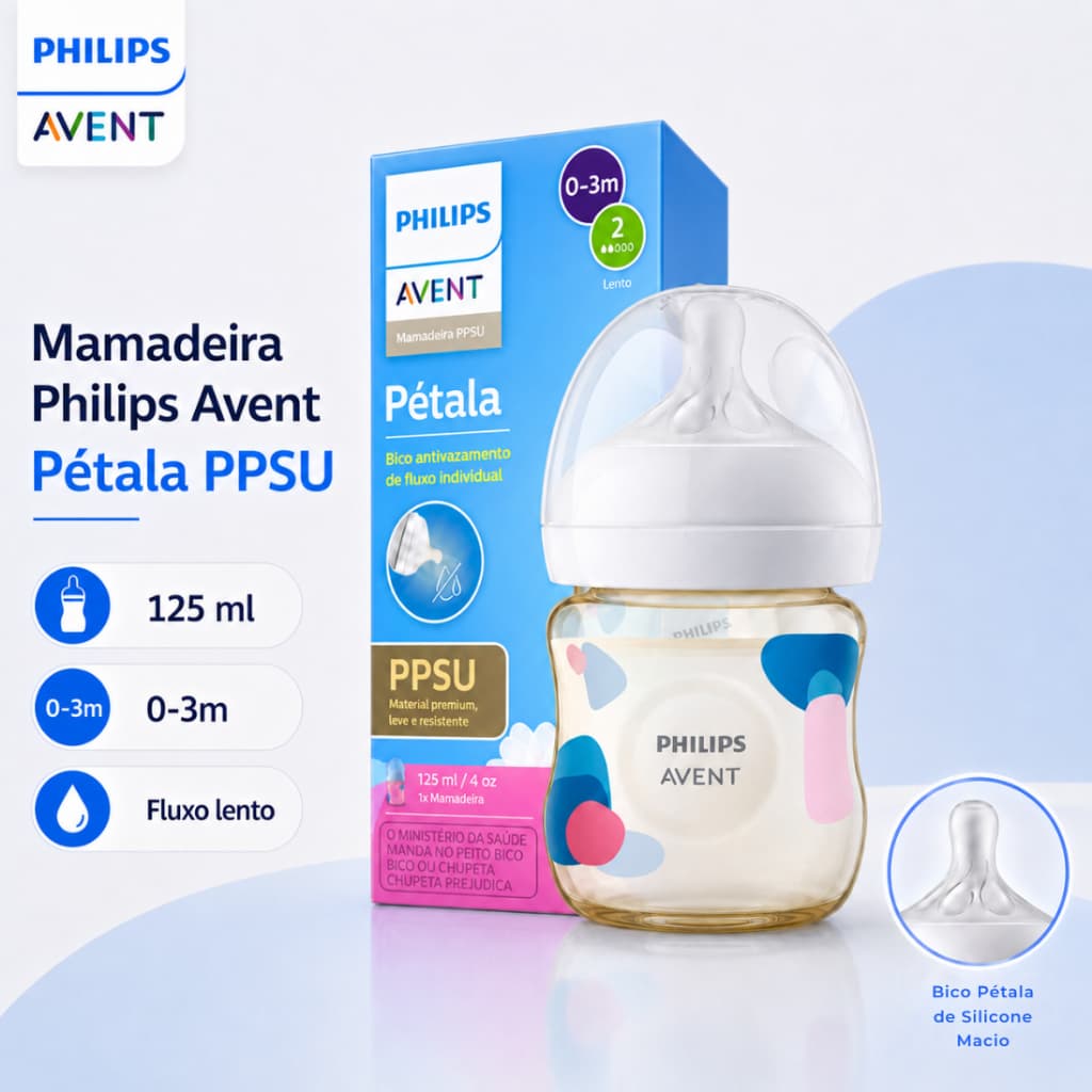 Mamadeira Philips Avent Pétala PPSU 125ml 0m+ Bico N2 Fluxo Lento Azul e Rosa