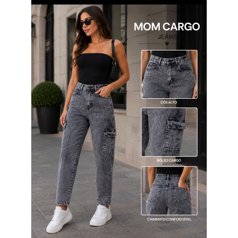 calça jeans feminina modelo mom cargo cor grafite