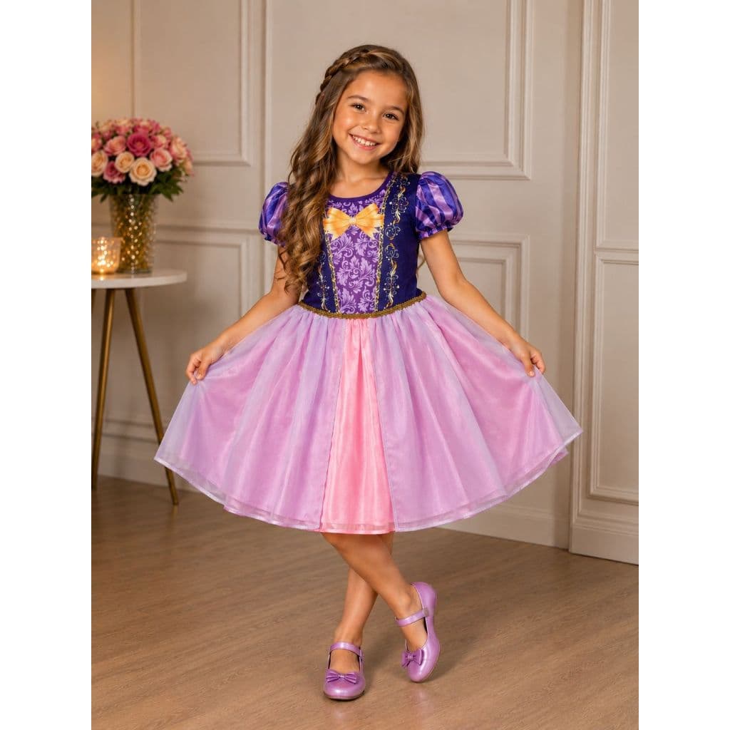 Vestido da Rapunzel Infantil Com Tiara Fantasia Luxo de Princesa Trança Enrolados