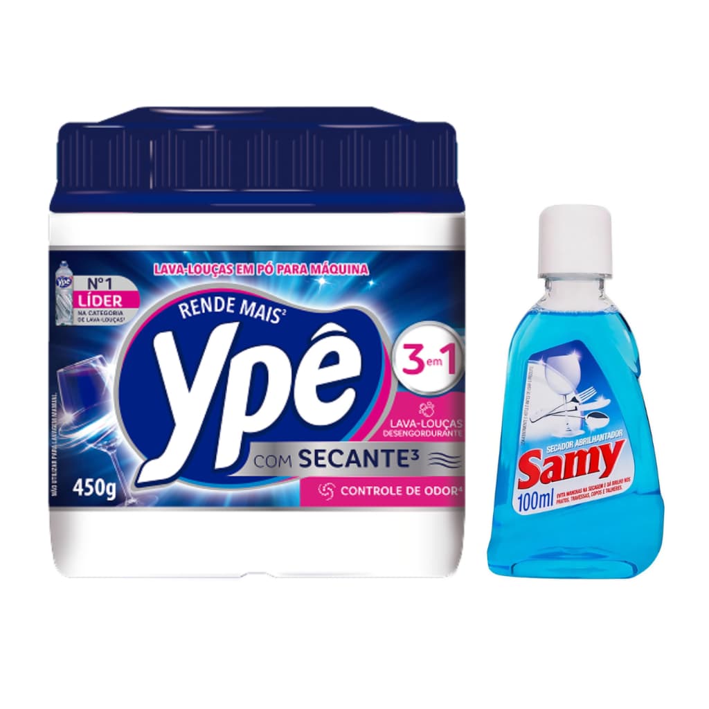 Kit Lava Louças em Pó 450g Ypê + Secante Samy 100ml para Máquina
