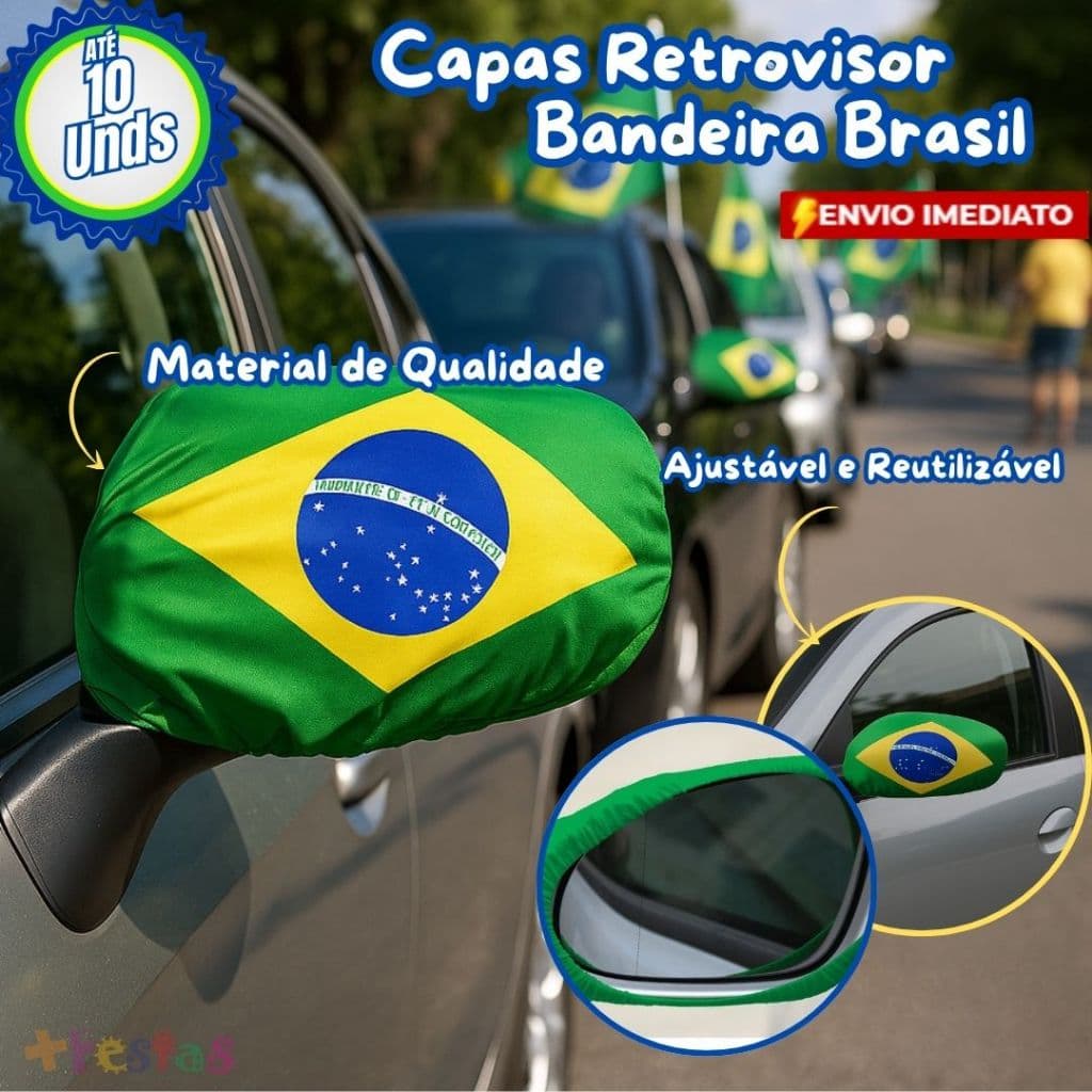 Kit 2/4/6/10 Capa Para Retrovisor Universal Bandeira Brasil Ajustável Resistente Água Sol Copa