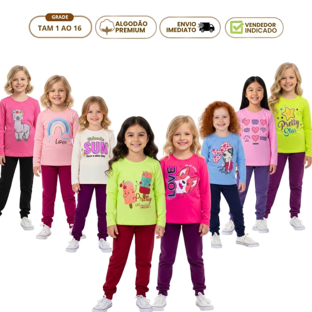 Kit 8 Peças Conjunto Frio Infantil Menina Roupas Infantis Feminina Inverno 4 Camiseta 4 Moletom