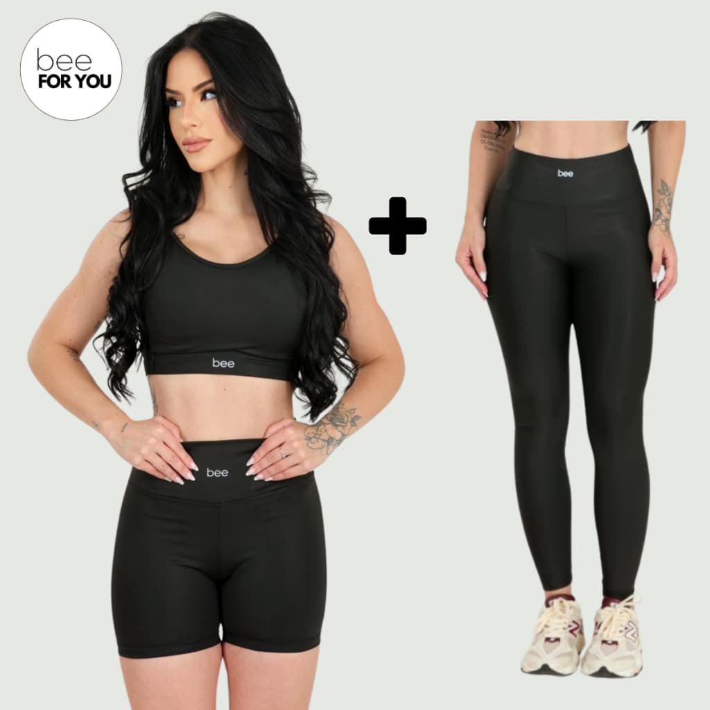Kit 3 Peças Conjunto Fitness Cropped Short Legging Leg Zero Transparencia Feminino Bee Treino Academia Corrida Crossfit