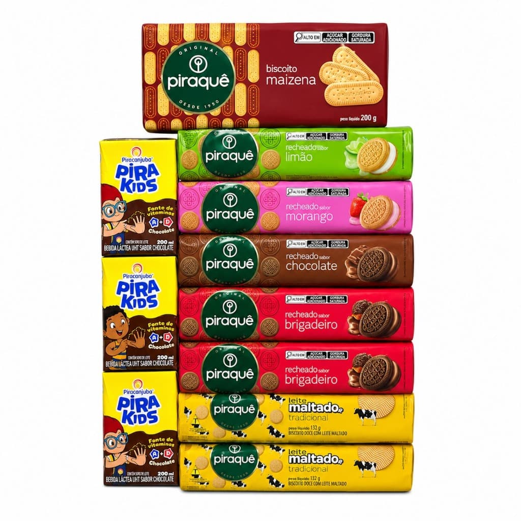 Kit Lanche Piraquê Sortido C/ 9 Biscoitos + 3 Achocolatados Pira Kids