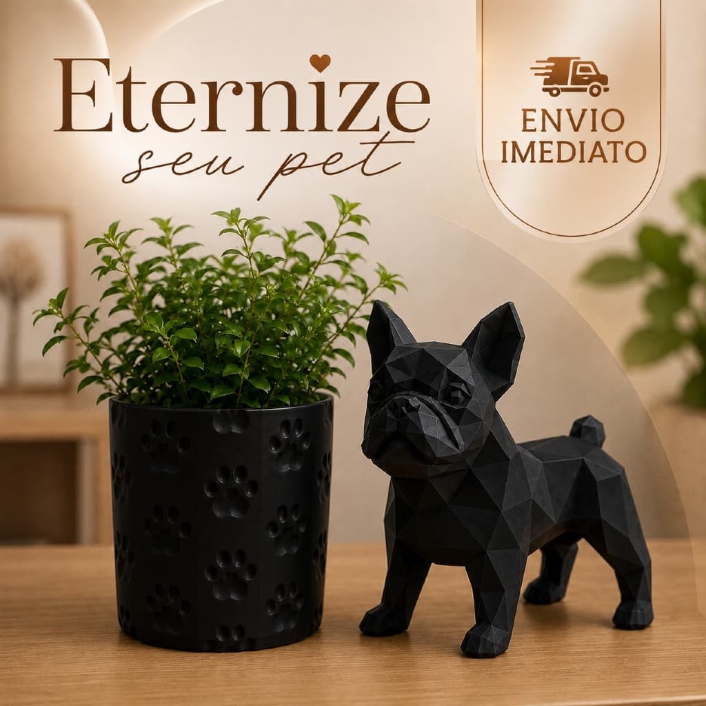 Kit Decoração Pet Escultura Bulldog Minimalista e Vaso com Relevo de Patinhas Preto