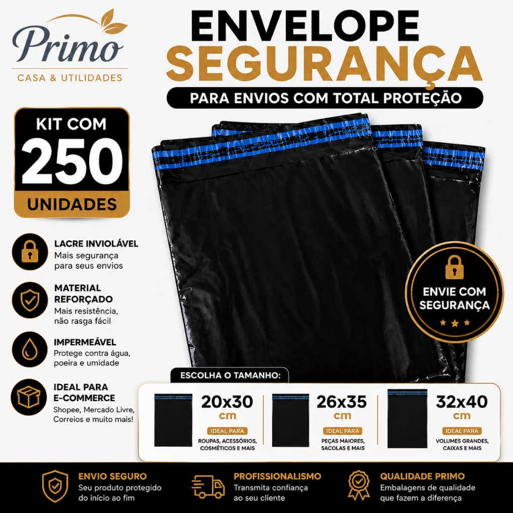 250 Envelopes de Segurança 20x30 26x35 32x40 Preto Reforçado Embalagem Para Envios Ecommerce