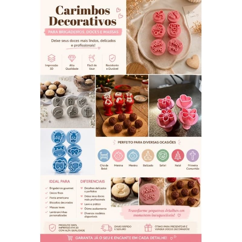 Carimbo para brigadeiro decorativos, doces e massas para Batizado,  chá de bebês, menina, menino, safari, Natal