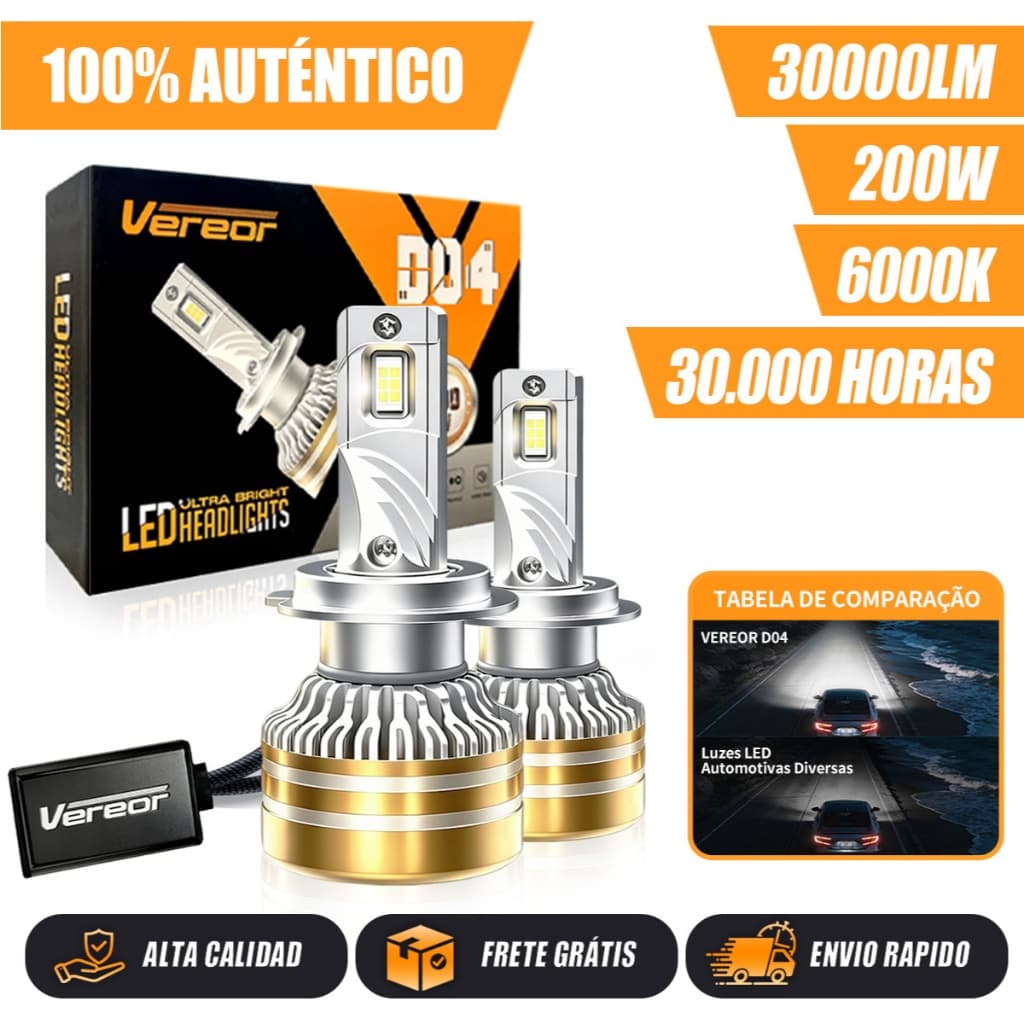 Kit Par Lâmpada LED Farol D04 6000K 200W 30000LM Alta Luminosidade Diversos Modelos H1 H3 H4 H7 H11 9005 9006