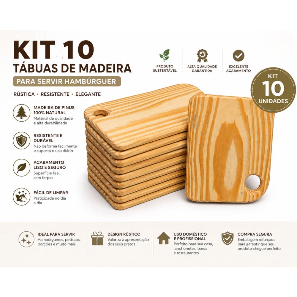 Tábua de Madeira Para Servir Hambúrguer e Sanduíche Kit 10 Unidades Alta Qualidade