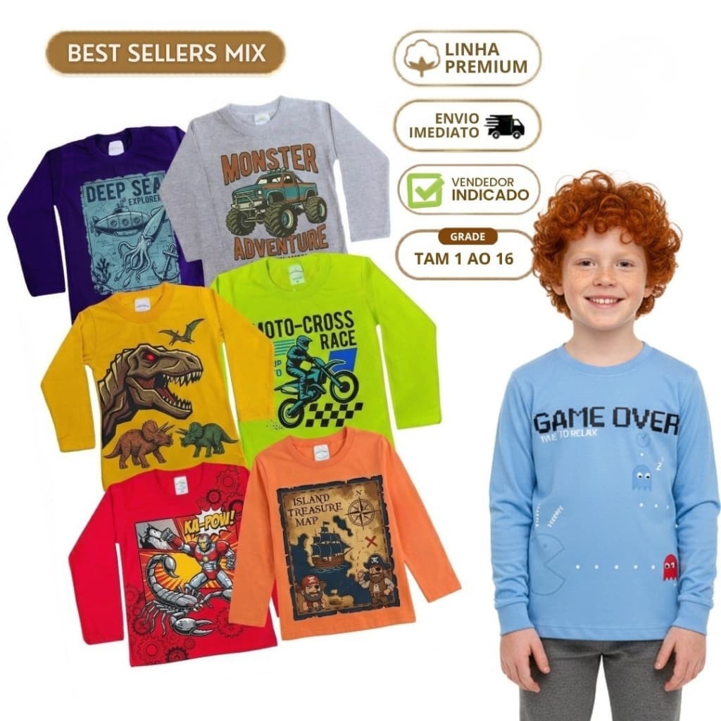 Kit 5 Camiseta Manga Longa Menino Camisa Frio Blusa Infantil Masculina Inverno Algodão Personagem e Lisa 1 ao 16 anos