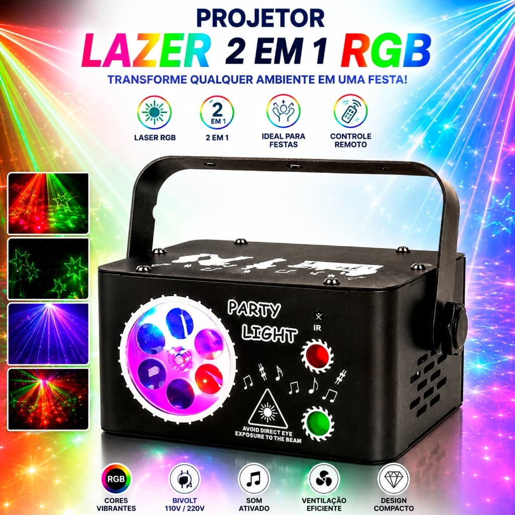 Canhão de Luz Refletor Palco Festa 2 em 1 LED RGB Laser Controle Estroboscópio Palco KTV