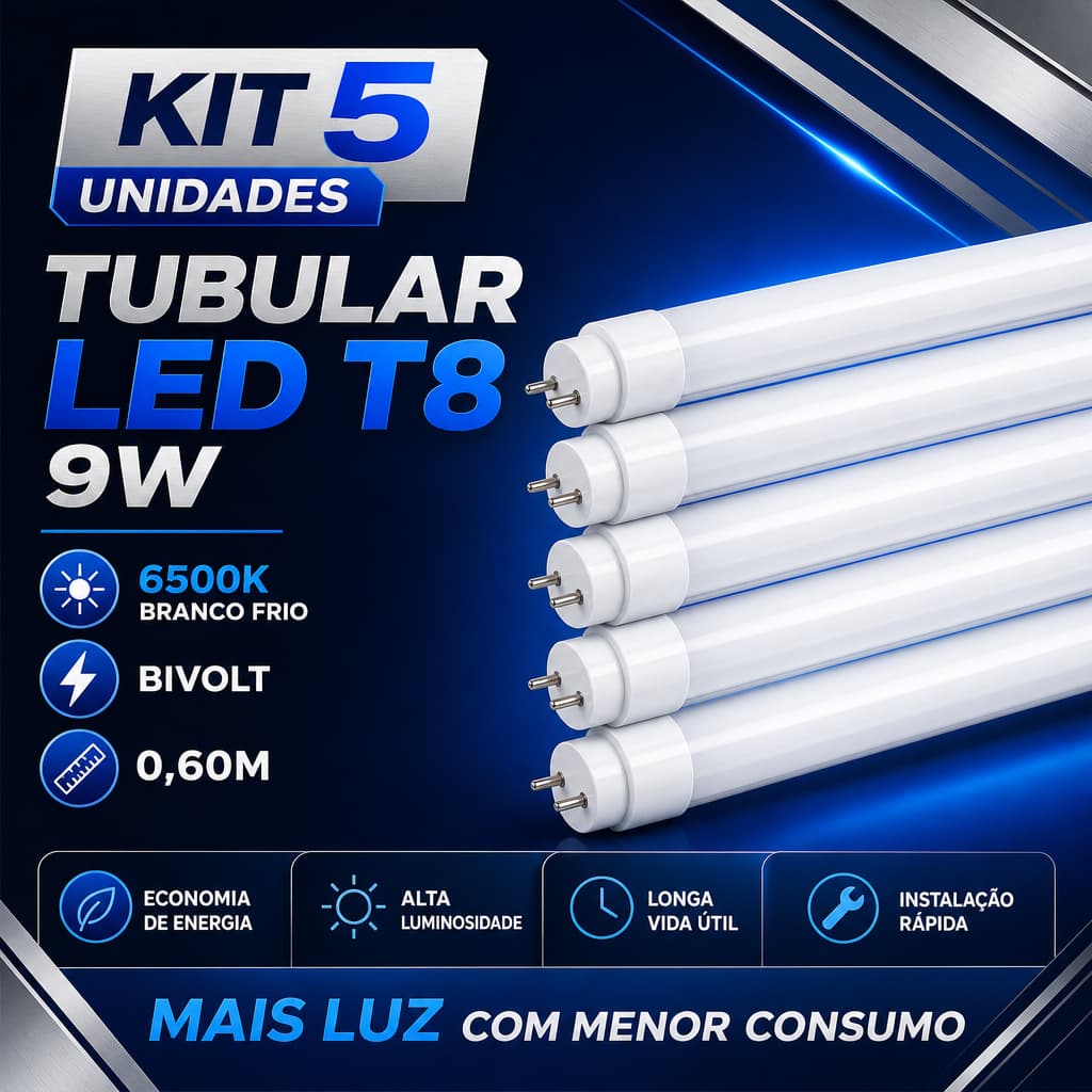 Kit 5 Lâmpadas LED Tubular T8 9W 60cm 6500K