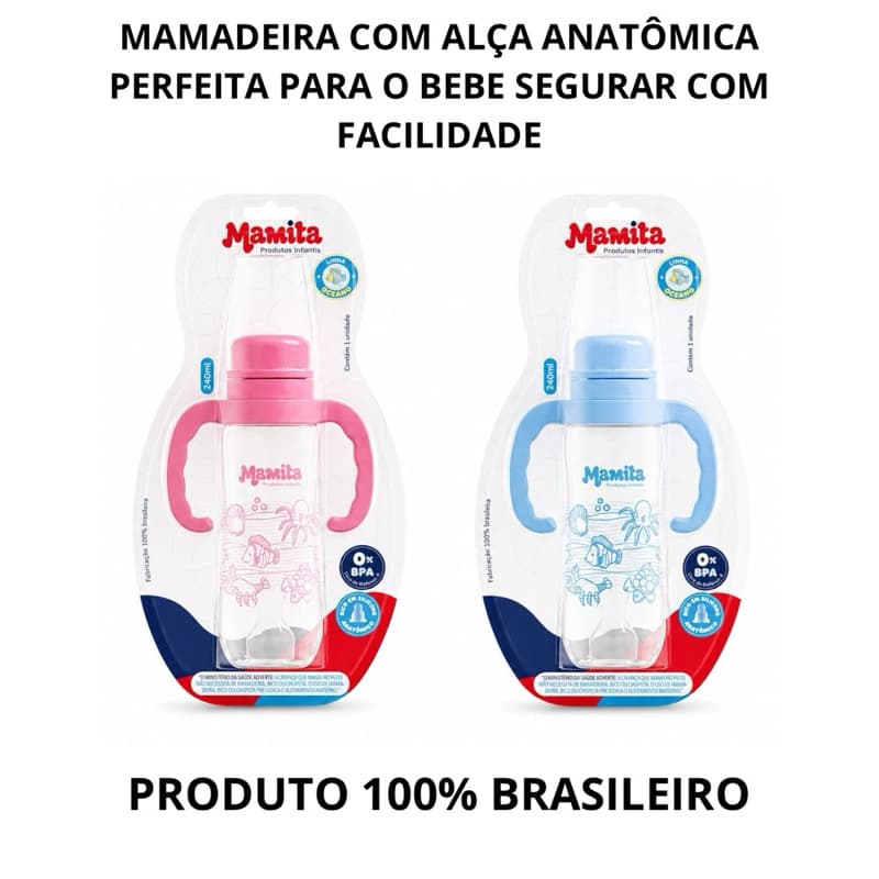 Mamadeira com alça 240 ml Bico de Silicone Antivazamento livre de BPA mamadeira com alça mamita