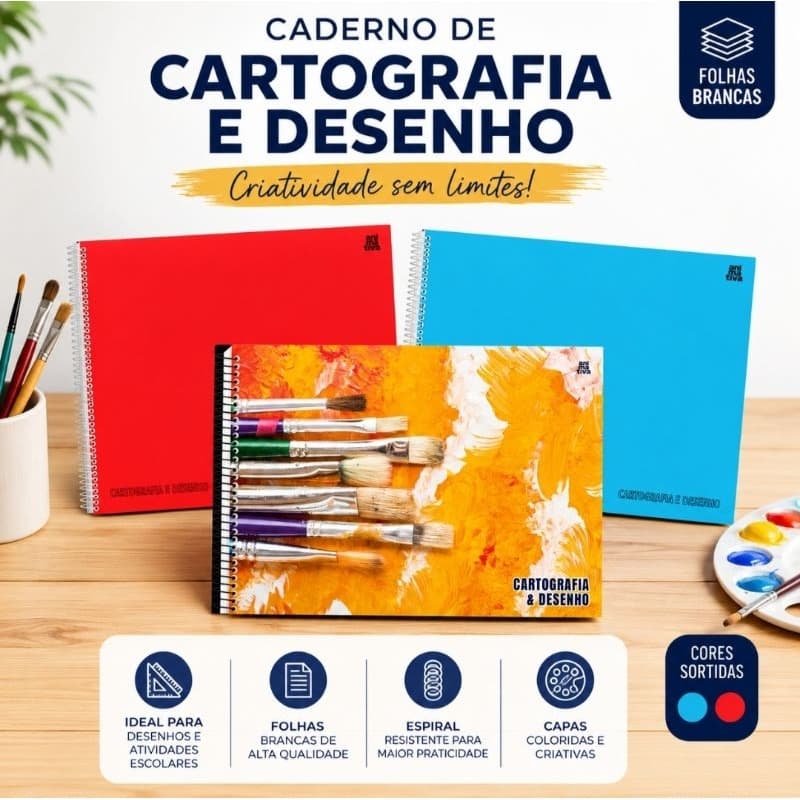 Caderno de Cartografia e Desenho – Tema Arte e Pintura Sortido Azul Ou Vermelho