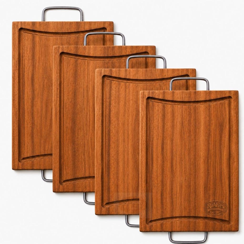 KitsTábua de Carne Rústica em Madeira de Eucalipto com Alça Inox Churrasco Premium
