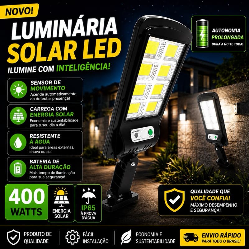 Refletor Solar 400W LED  Sensor de Presença + Controle Sem Fio Prova D’Água IP66 LKY0035