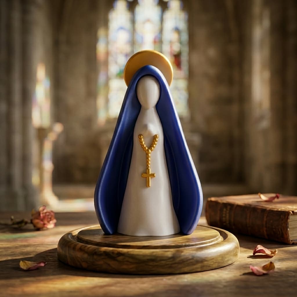 Escultura Nossa Senhora Minimalista Decorativa com Manto Azul e Halo Dourado para Quarto ou Sala