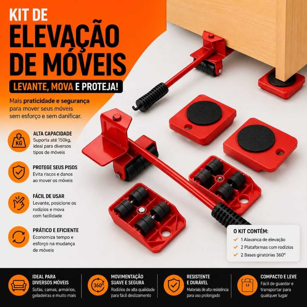 Kit Elevação Móveis Com Rodízios Plataforma Móvel Suporte Facil Movimentação 5 Peças Vermelho