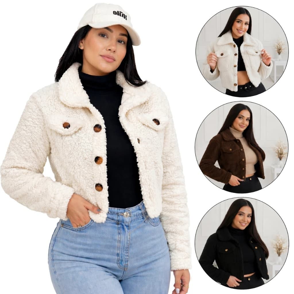Casaco Teddy Casaquinho Curto Jaqueta de Botão Feminino Moda Blogueira Inverno