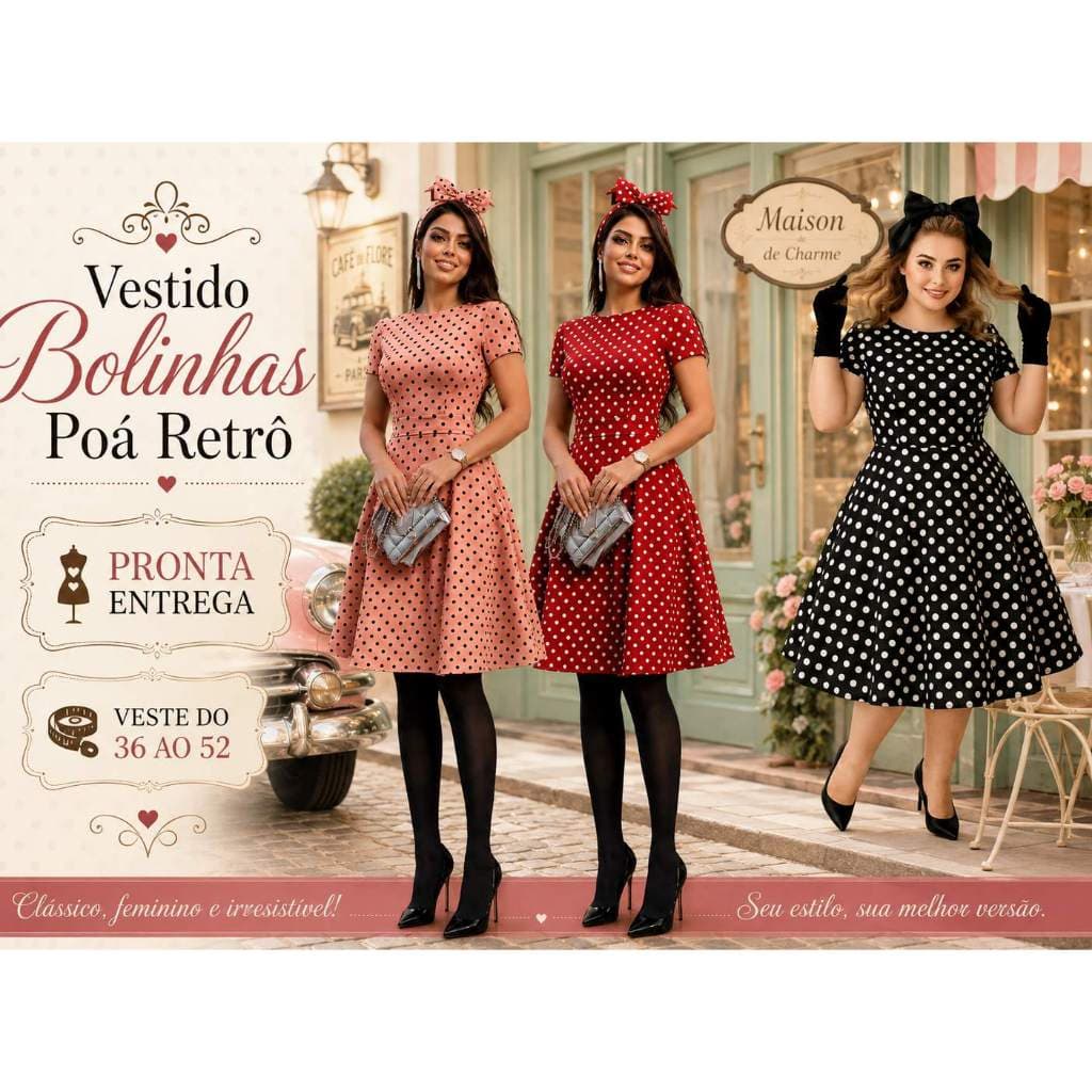 Vestido Feminino Evangélico Midi Rodado Estampa Bolinha Poá vintage retrô Moda Evangélica Cristã Elegante
